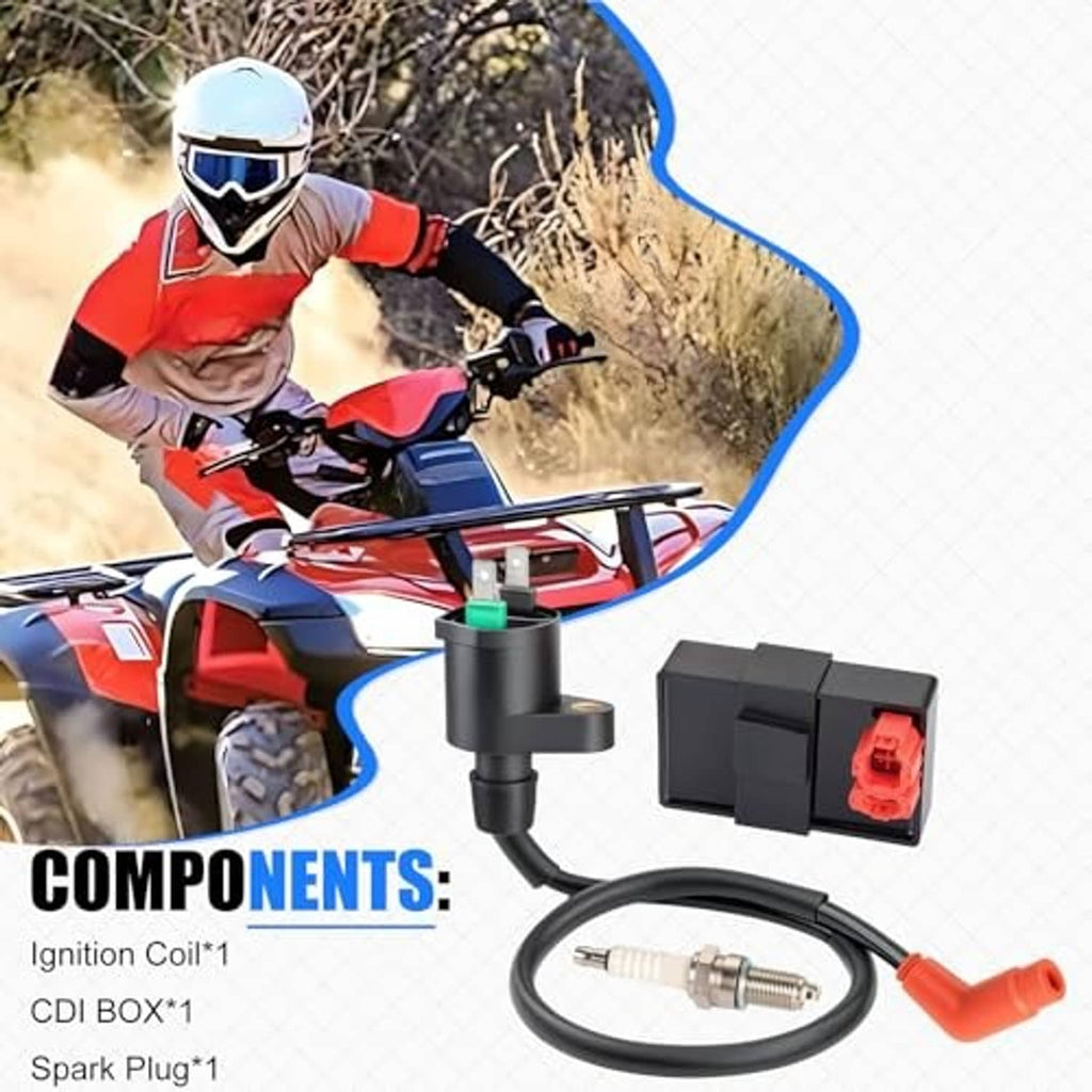 Ignition coil and CDI box components with spark plug, red connector, and black cable