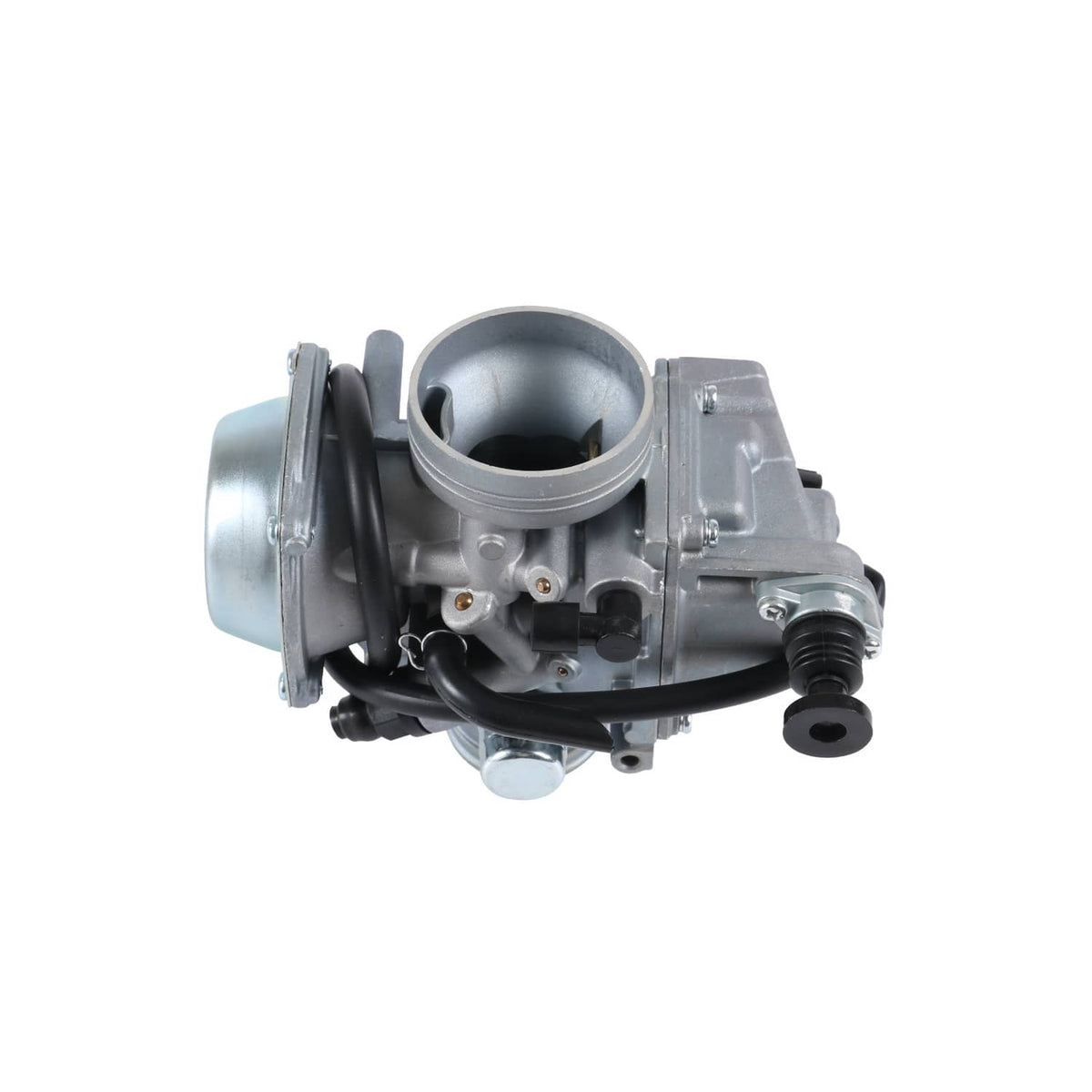 ATV carburetor with circular intake opening, black wire leads, and side fittings