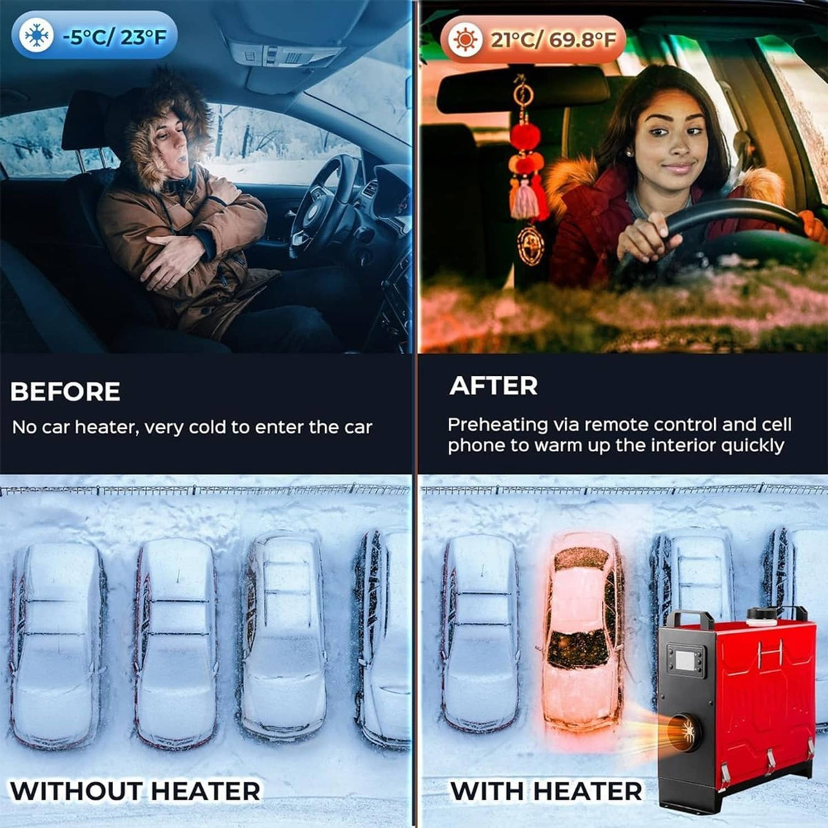 Red diesel air heater warming a car interior with window frost reduction