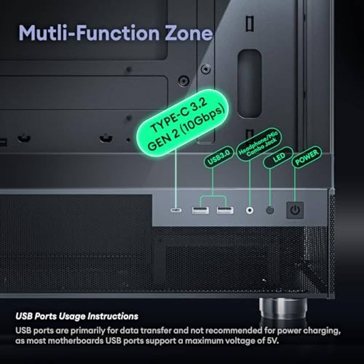 Black micro ATX PC case rear I/O panel with USB ports, audio jacks, and power switch
