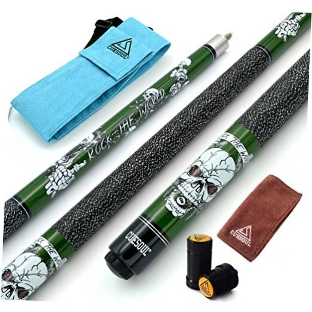 Pool cue stick set with green cue, black textured grip, and accessory case and cloth