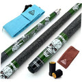 Pool cue stick set with green cue, black textured grip, and accessory case and cloth