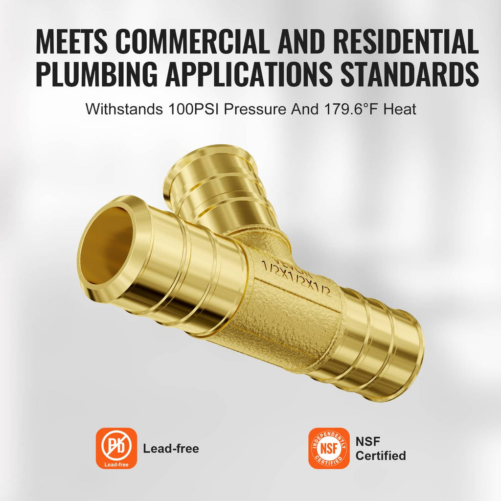 Golden brass clamp-style tee fitting for PEX plumbing with inlet and outlet ports