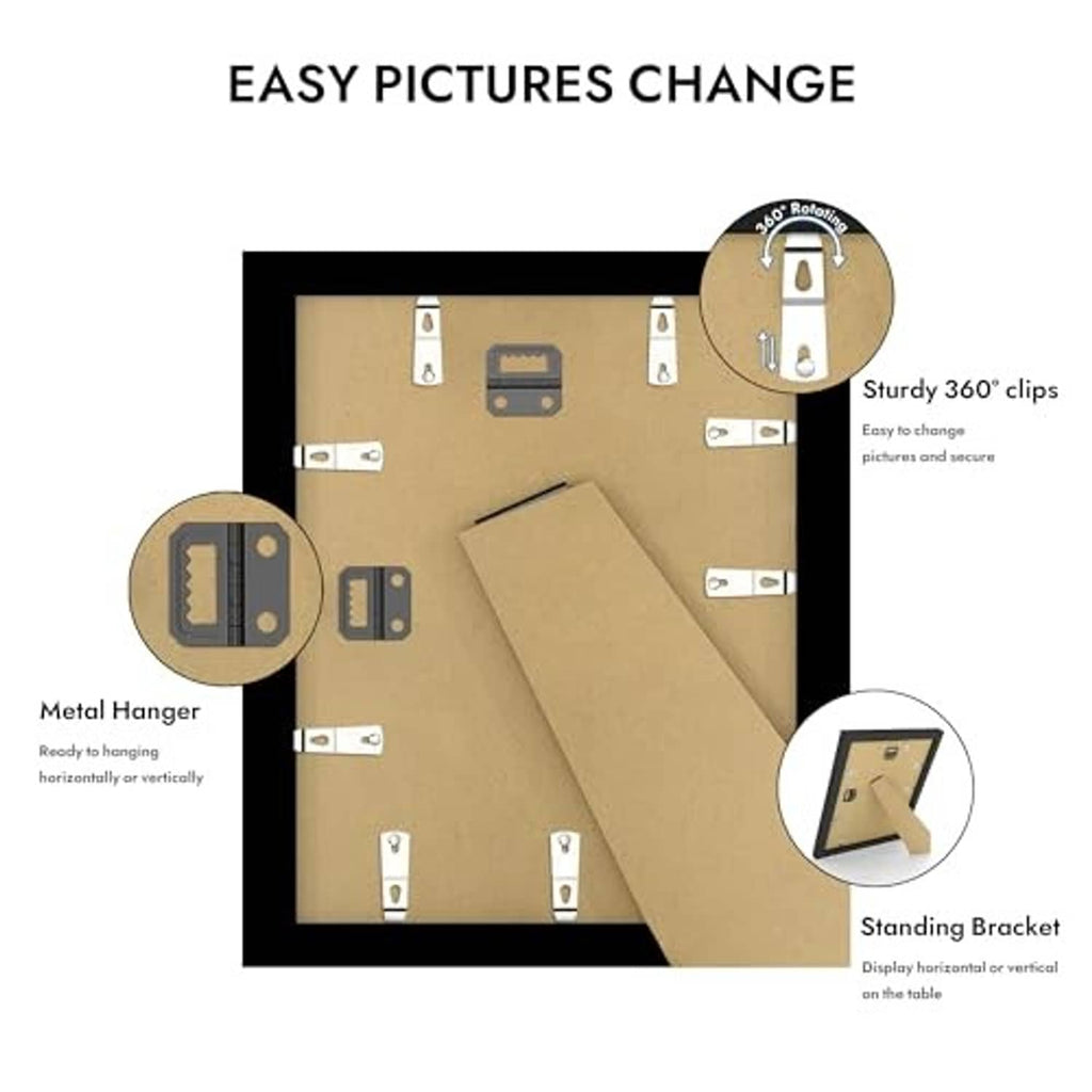 Black 10x12 picture frame with glass, showing 360° clips and metal hanger