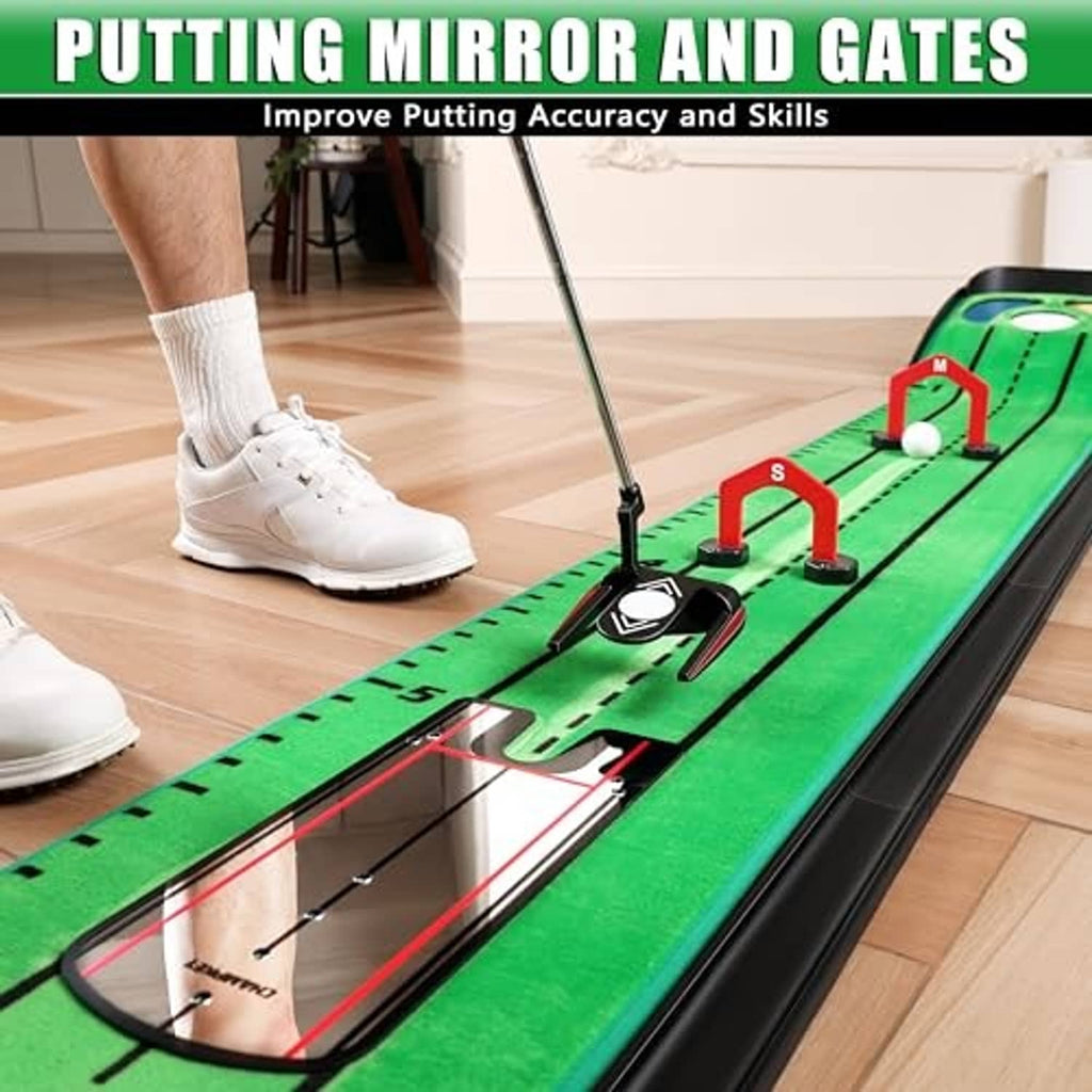 Green putting practice mat with black frame, mirror-gate style obstacles, and target hole