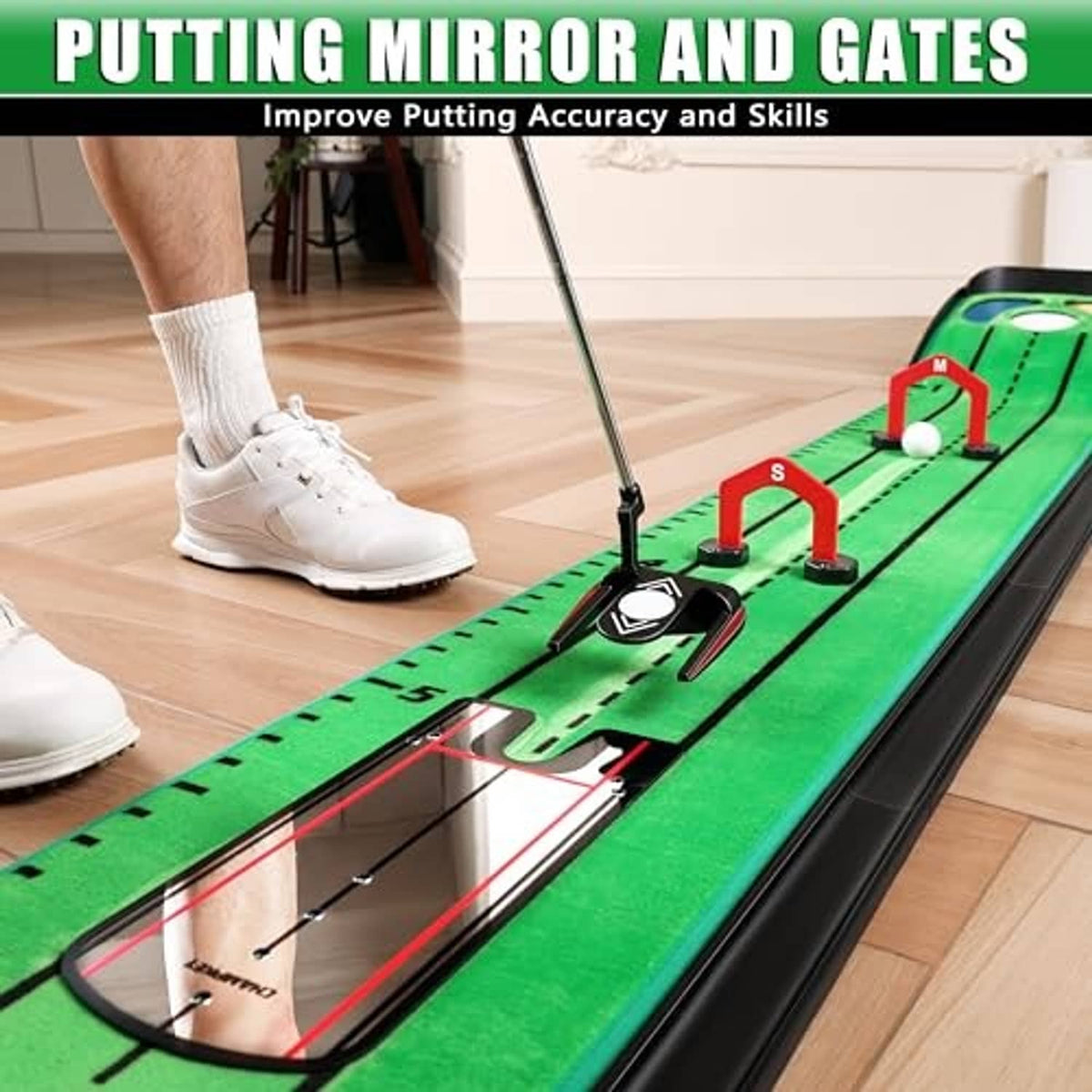 Green putting practice mat with black frame, mirror-gate style obstacles, and target hole