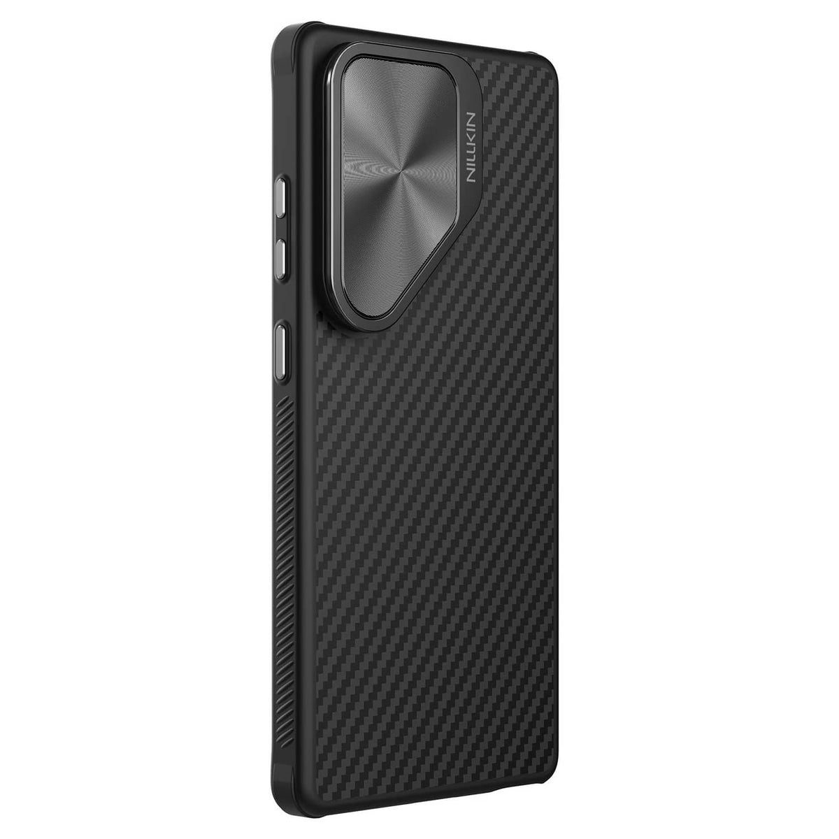 Black carbon-fiber phone case with magnetic camera cover panel and slim edges