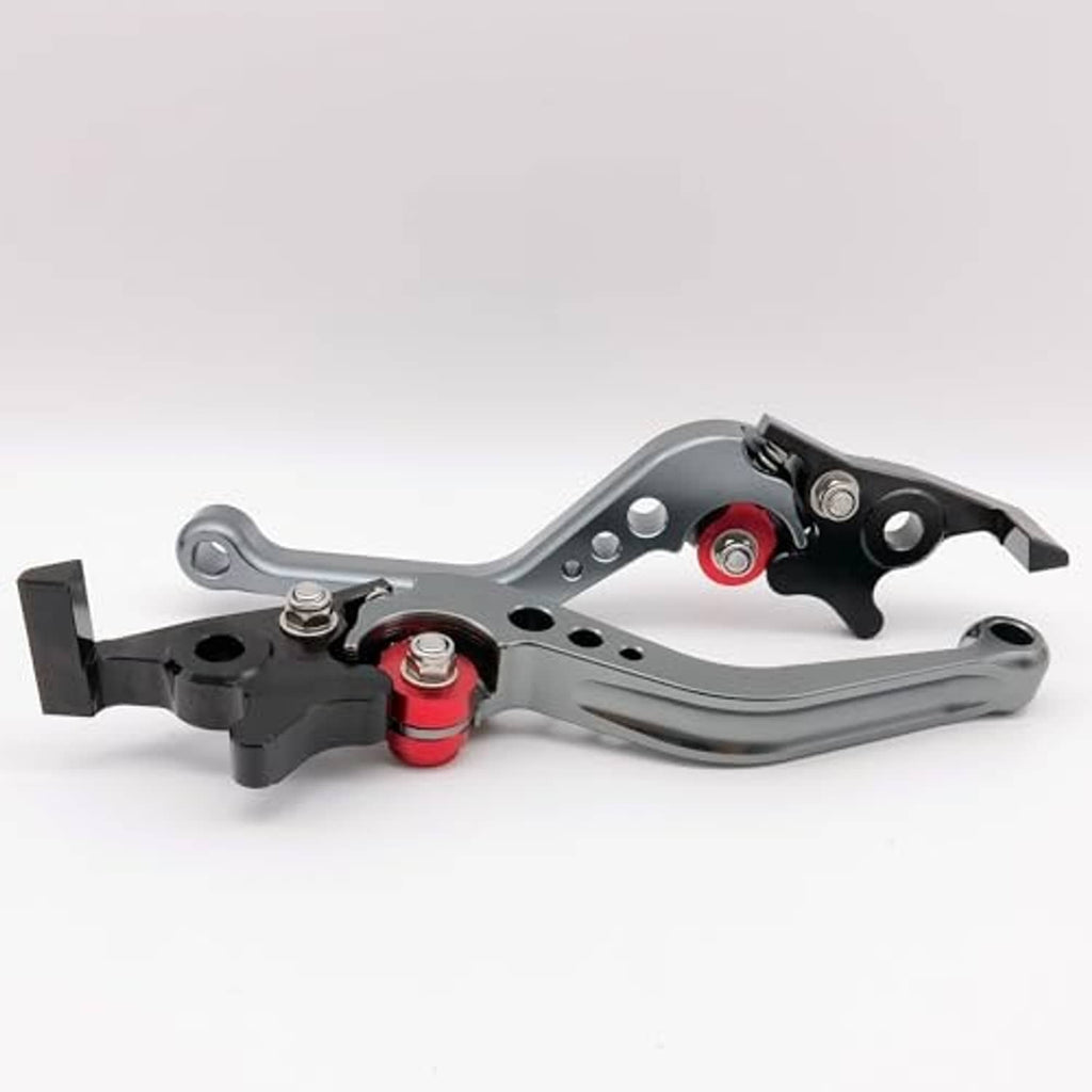 Adjustable motorbike brake lever pair, black base with gray arms and red adjuster