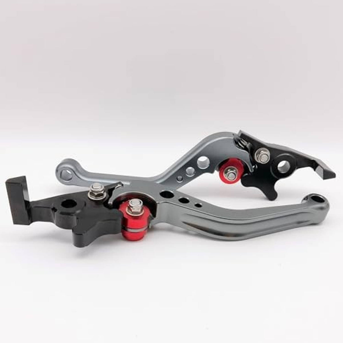 Adjustable motorbike brake lever pair, black base with gray arms and red adjuster