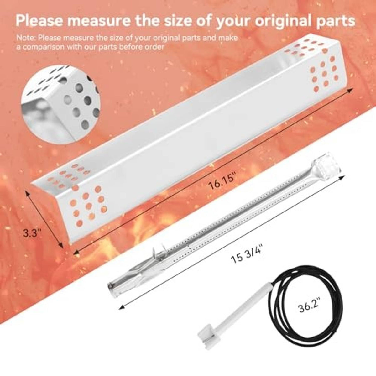 Stainless steel burner tube with perforated end plate plus igniter electrode and wire