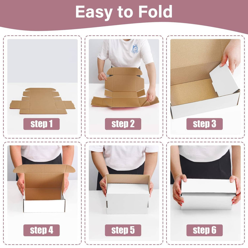 Set of white corrugated shipping boxes in folding steps with attached side flaps