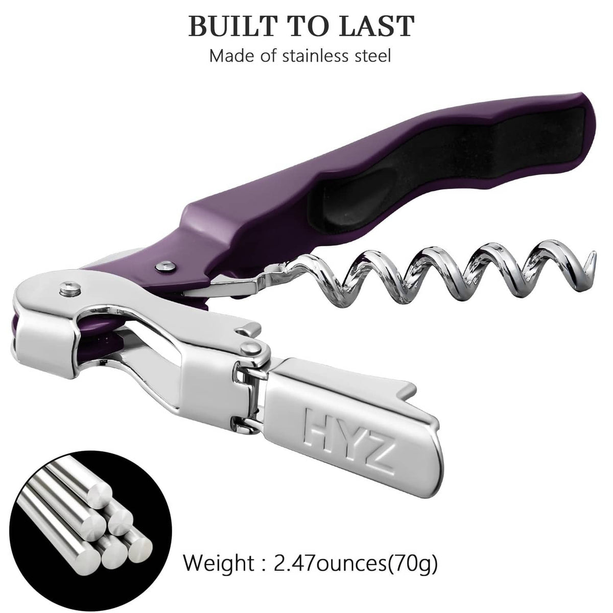 Plum and silver stainless steel corkscrew key with wire spiral, compact form