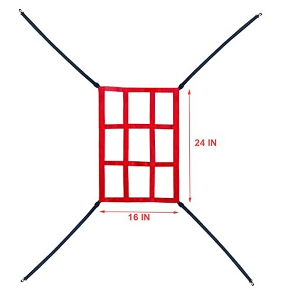 Strike zone target net with red grid panel and size markings: 16 in wide, 24 in tall