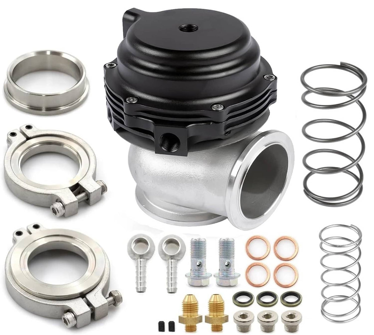 Black and silver external turbo wastegate with V-band flange and included spring kits