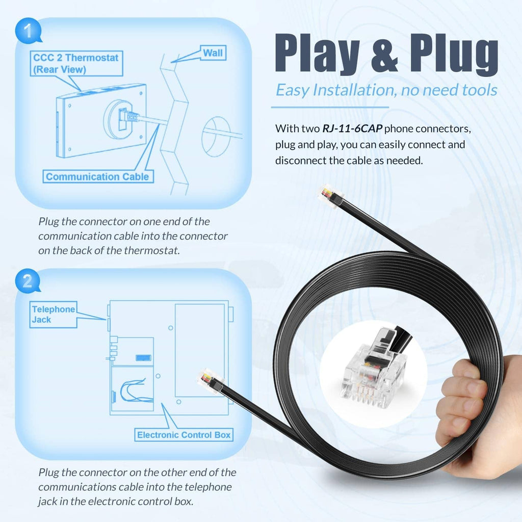 Black coiled communication cable with two RJ11 phone-style connectors