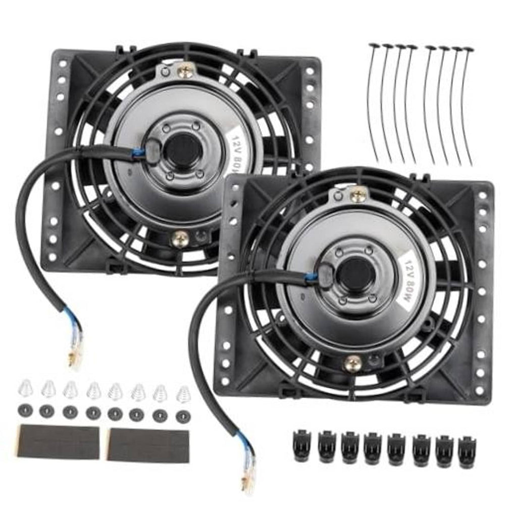 Universal 12V electric radiator cooling fan set with two black slim pull fans and wiring