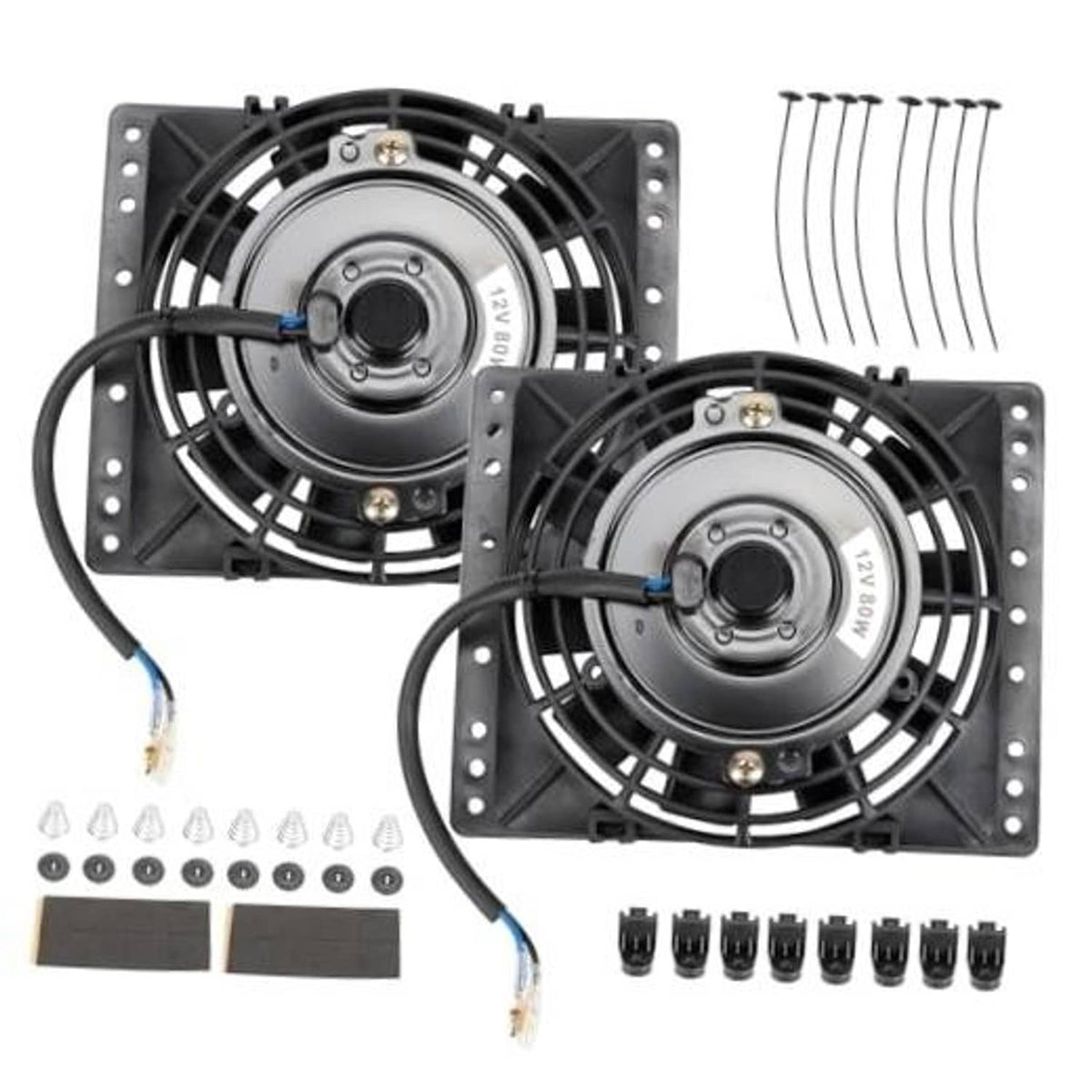 Universal 12V electric radiator cooling fan set with two black slim pull fans and wiring