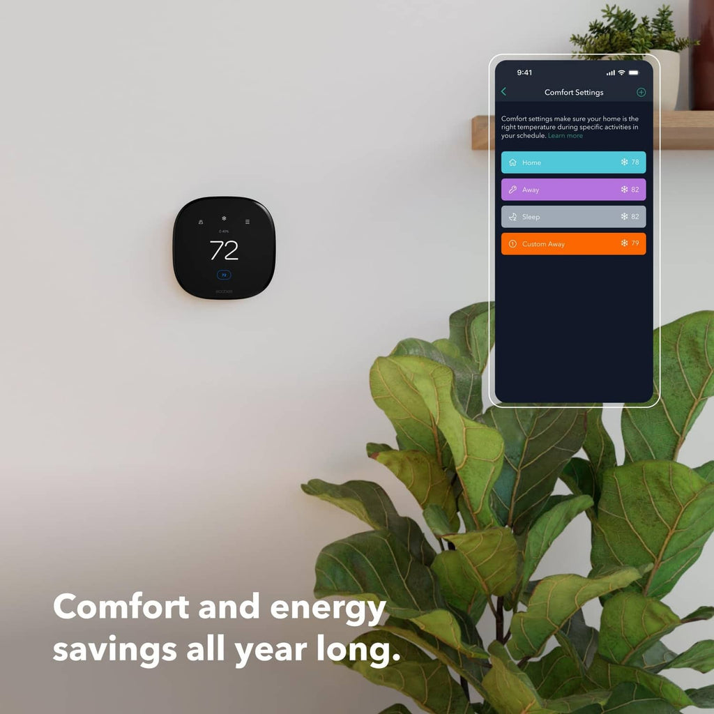 Black ecobee thermostat with 72 display and smartphone app comfort settings