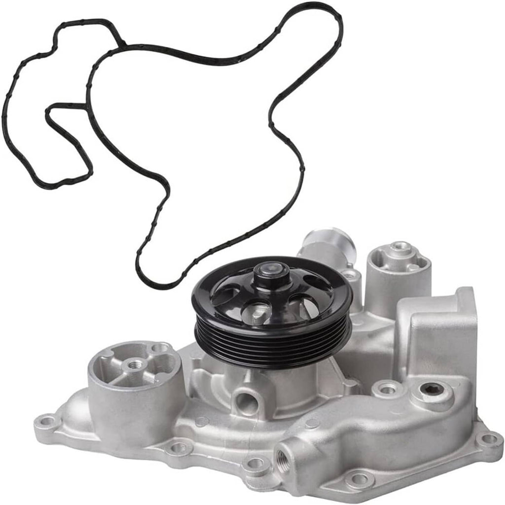 Water pump assembly with black pulley wheel and included black rubber gasket