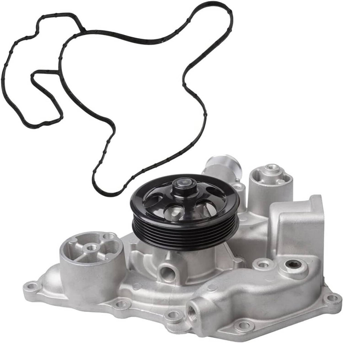 Water pump assembly with black pulley wheel and included black rubber gasket