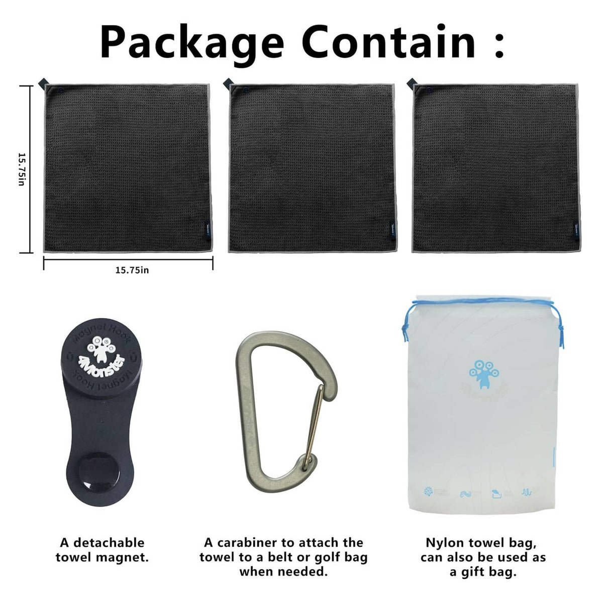 3-pack black golf towels with detachable magnet, carabiner, and nylon storage bag