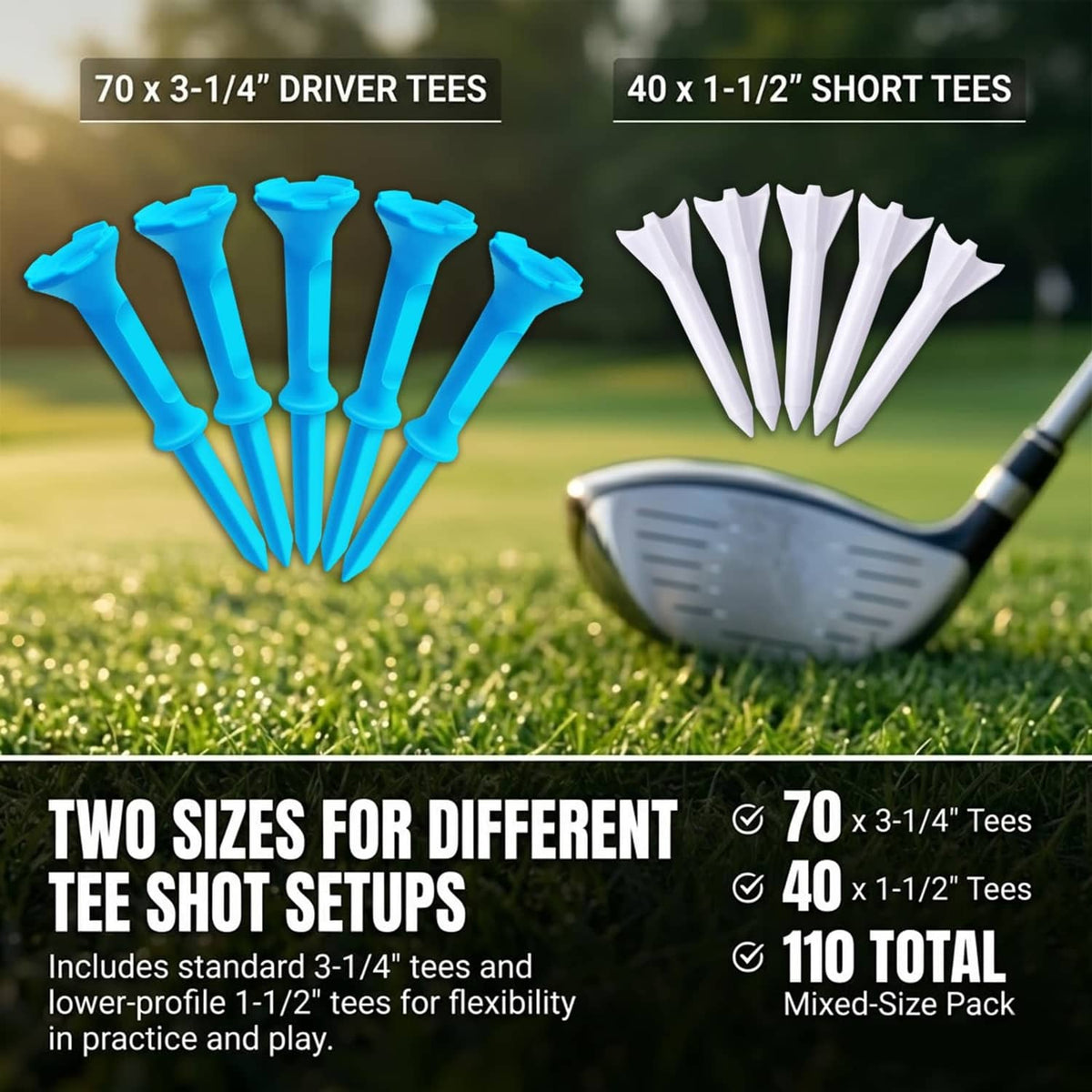 Mixed stepped golf tees: blue 3-1/4 driver and 1-1/2 short tees for different setups