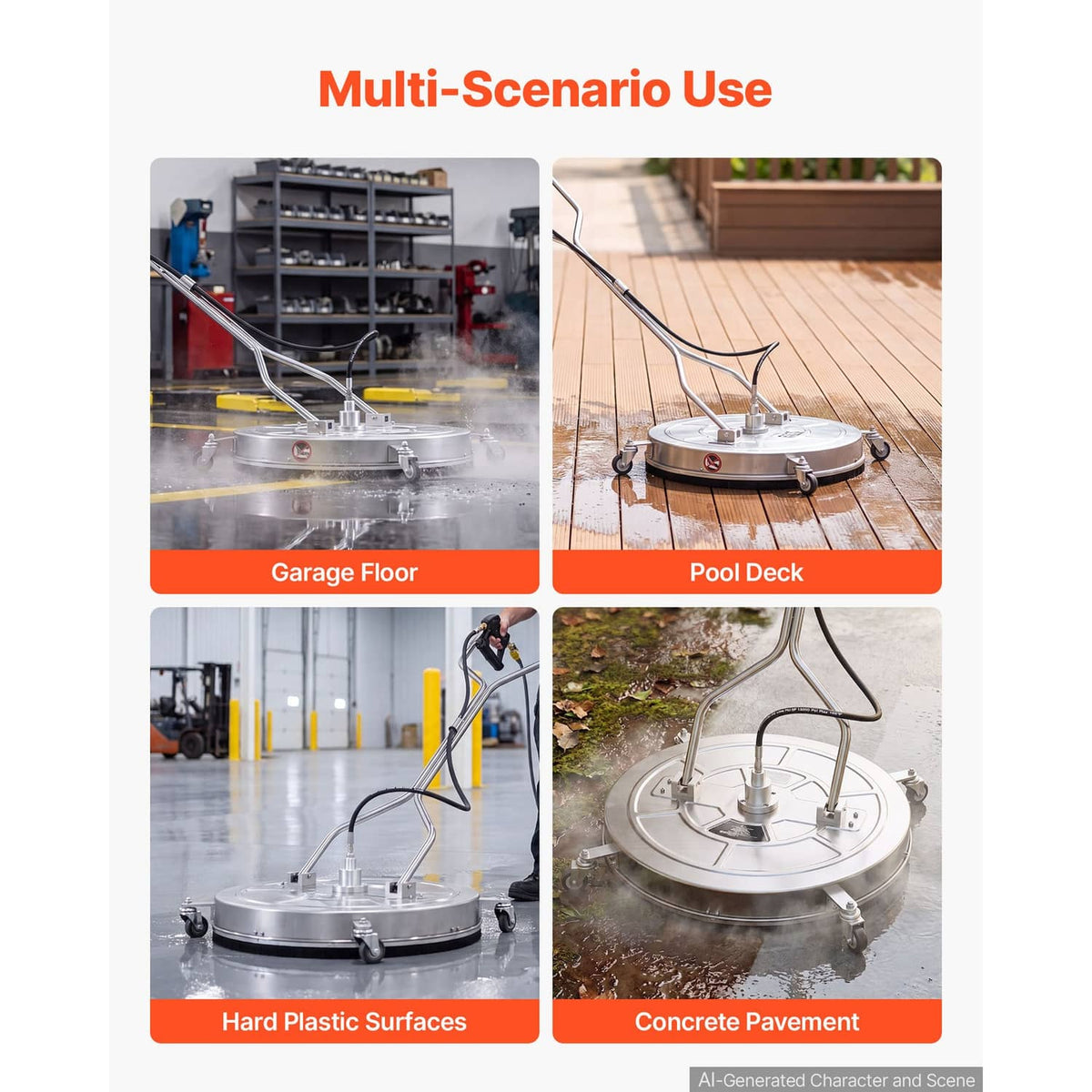 Surface cleaner with steel circular base and rotating spray nozzles with caster wheels