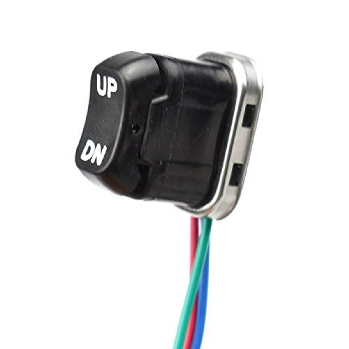 Trim-tilt switch rocker with colored red, green, blue wires and silver frame