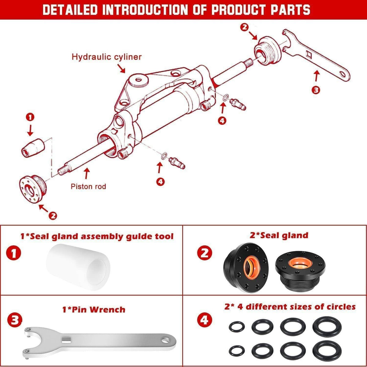 Hydraulic steering seal kit parts layout diagram with seal glands, guide tool, wrench, O-rings