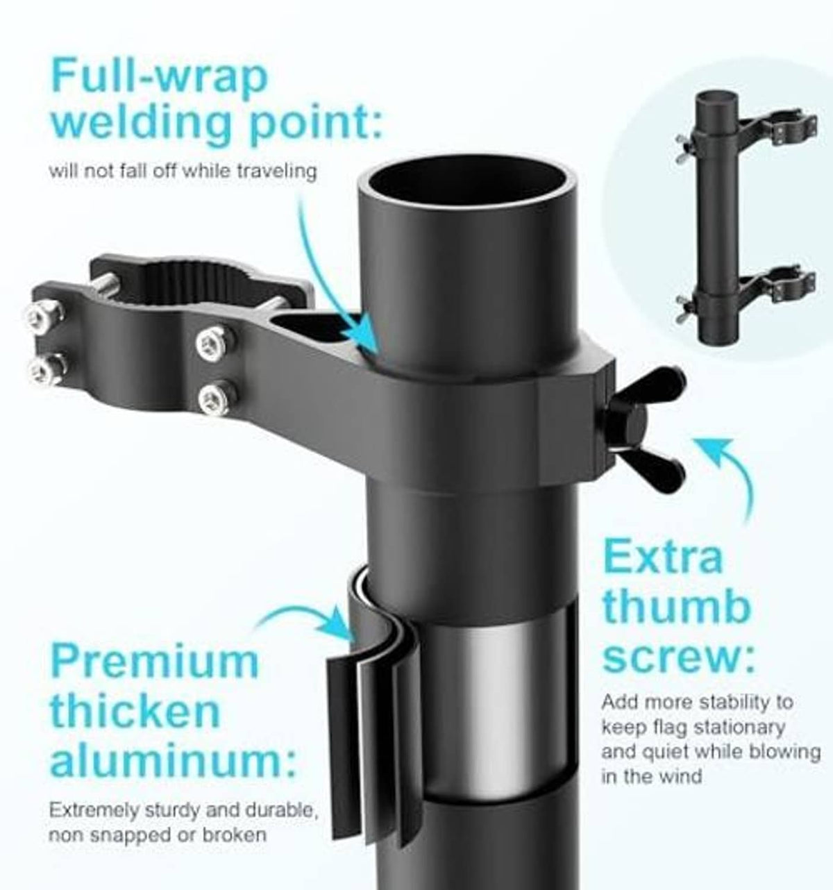 Black welded flag pole holder with full-wrap welding point and extra thumb screw