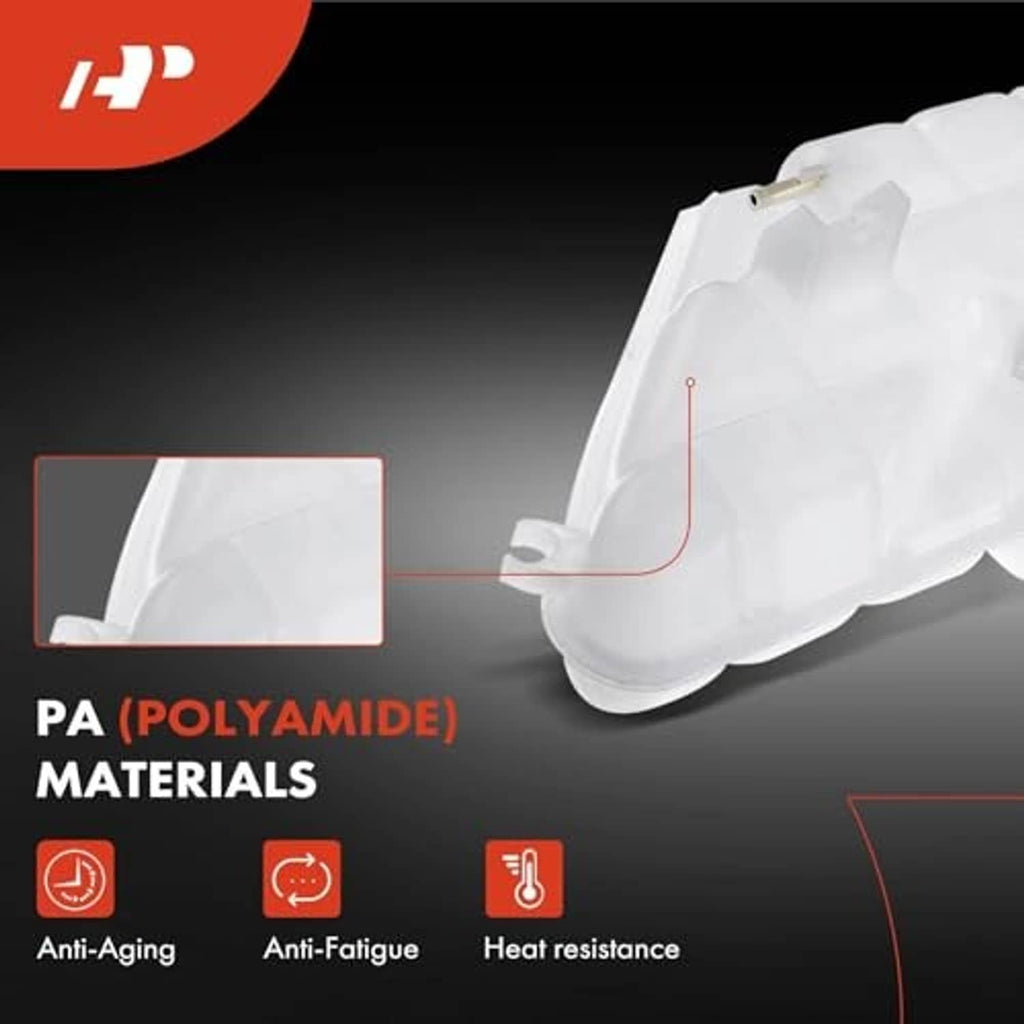 Coolant overflow reservoir tank with sensor, white plastic molded shape