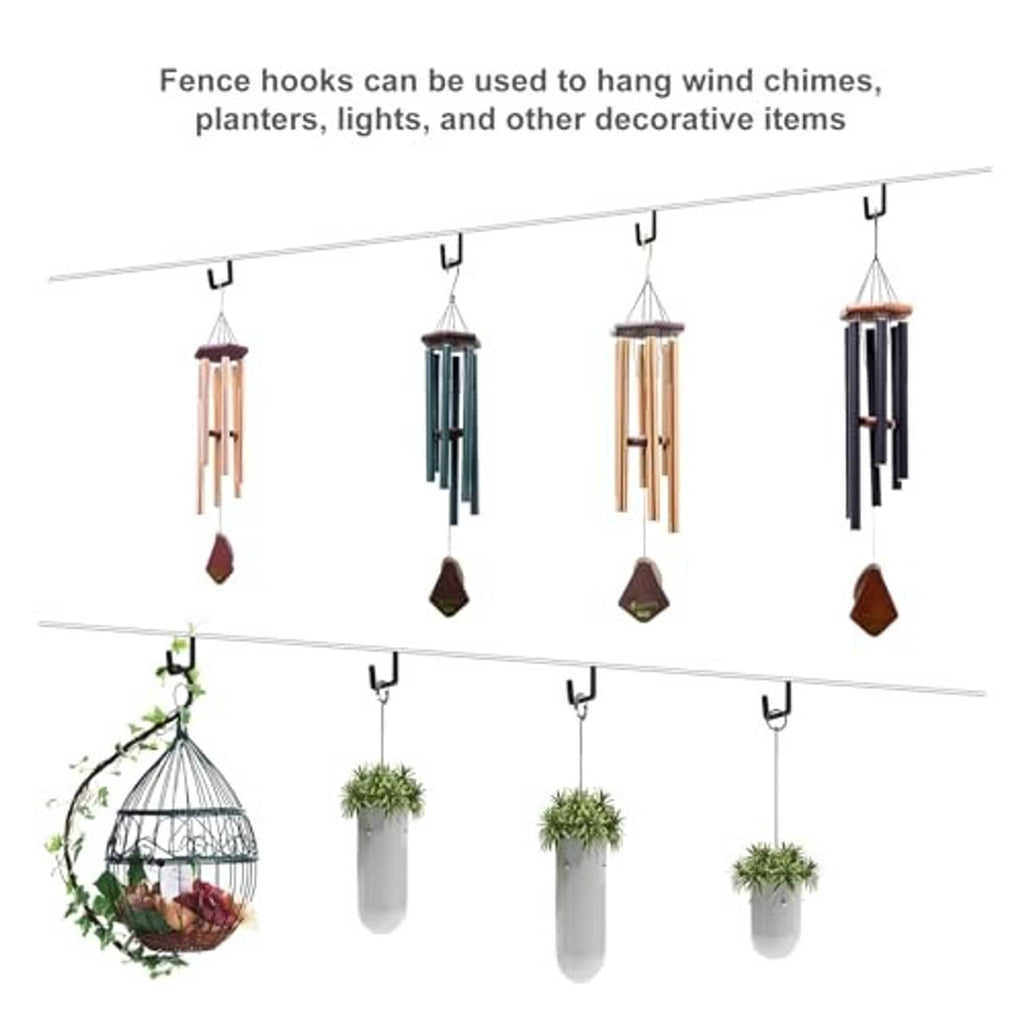Multiple black fence hooks with S-shaped clips for hanging wind chimes and planters