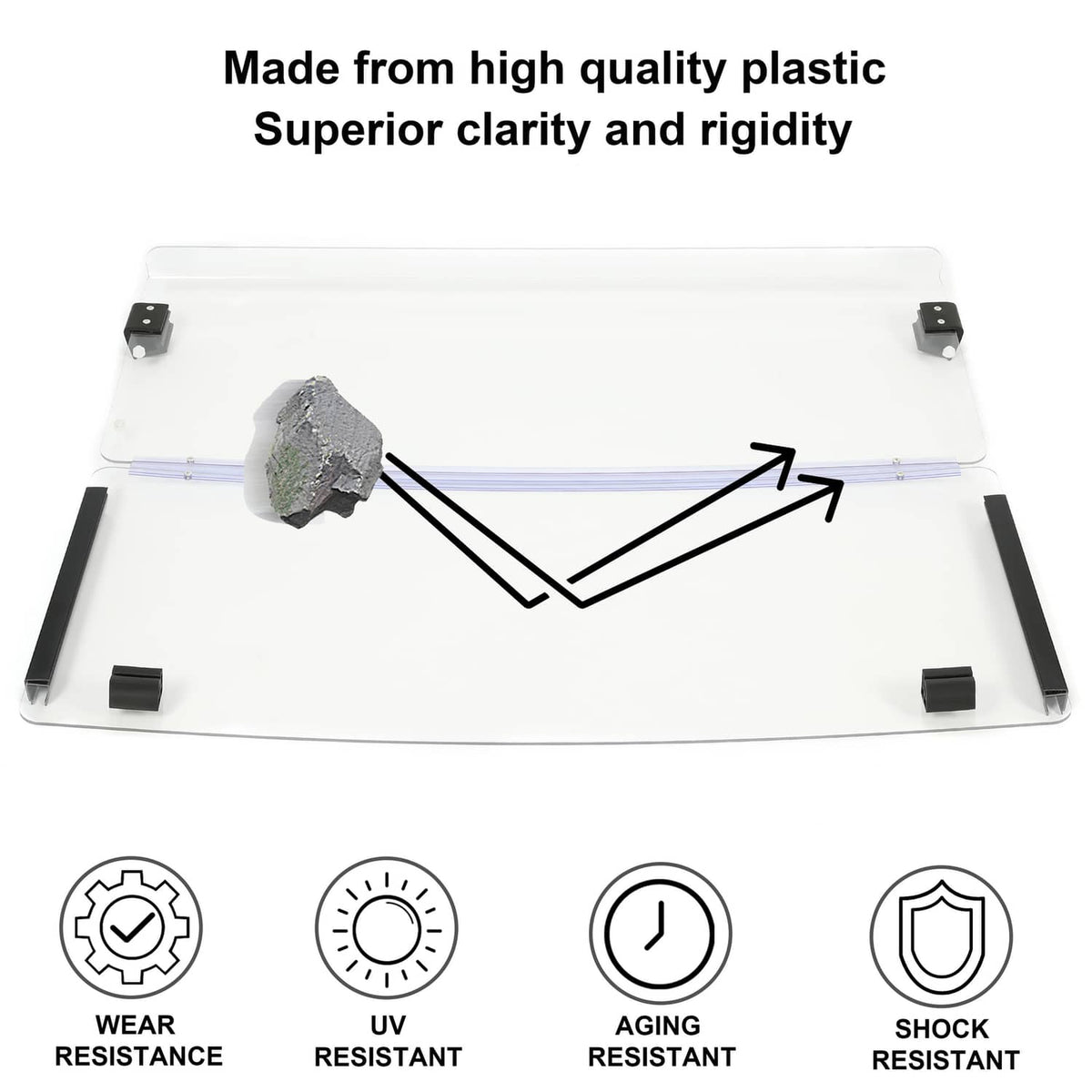Clear plastic golf cart windshield with black corner brackets and blue support bar