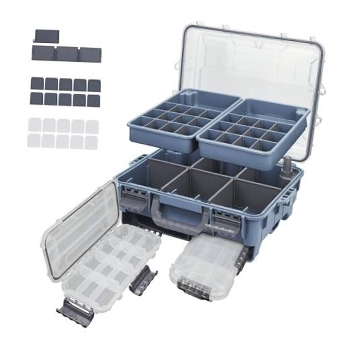 Blue universal fishing tackle box with two removable internal tray compartments