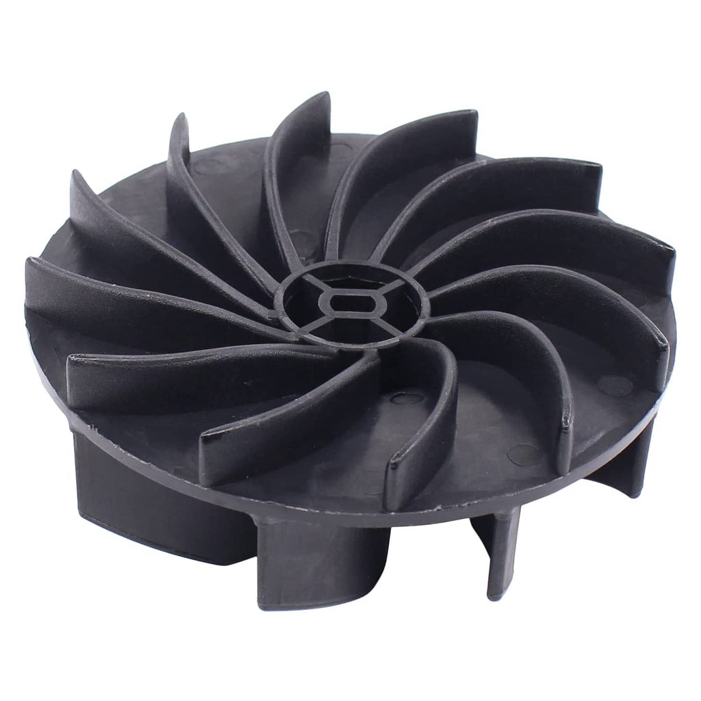 Black plastic blower vacuum impeller fan with central hub and curved vanes