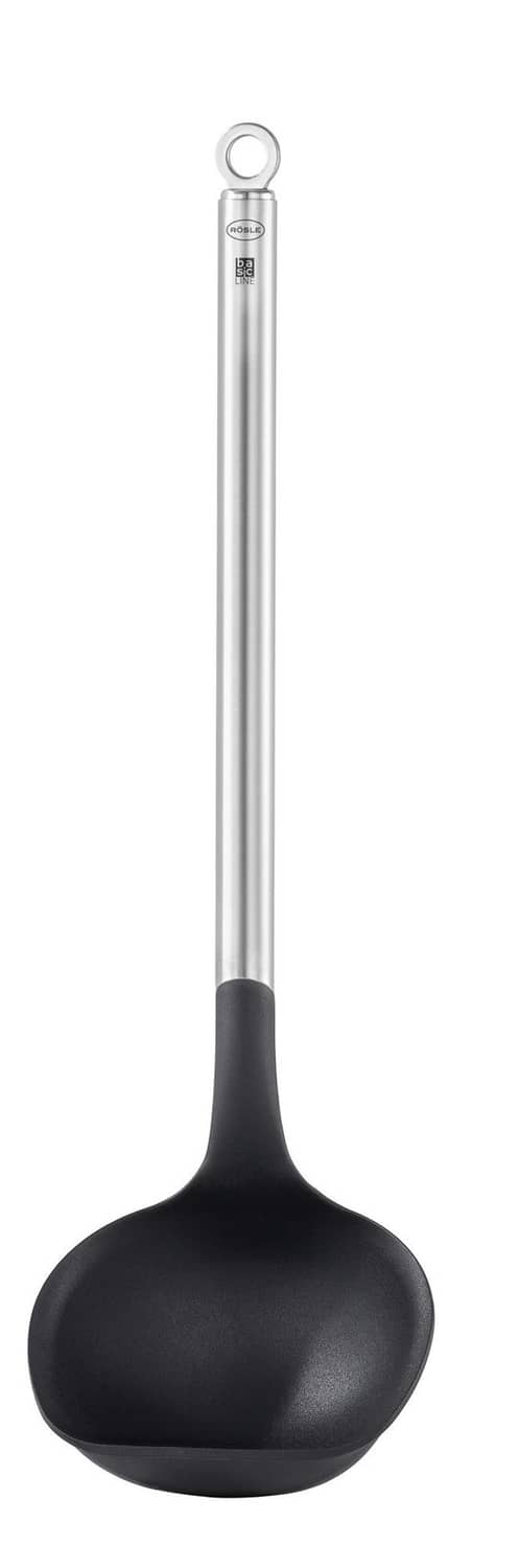 Stainless steel soup ladle with black silicone bowl and long silver handle