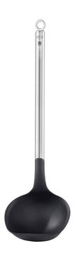 Stainless steel soup ladle with black silicone bowl and long silver handle