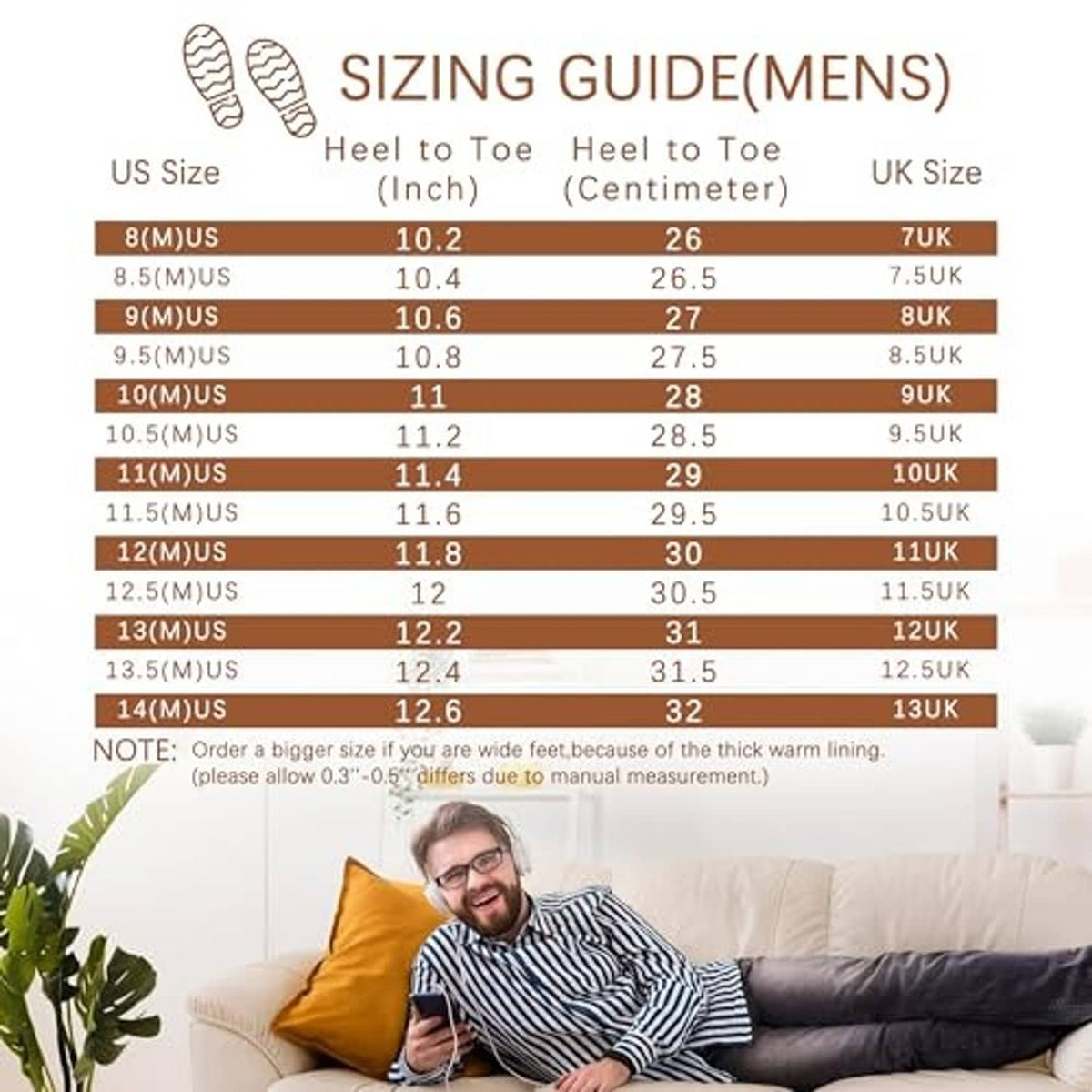 Men's moccasin slipper sizing chart with US/UK sizes and heel-to-toe inches