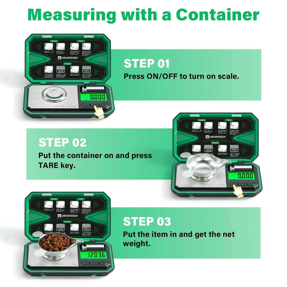 Milligram scale with weighing pan and LCD readout, container shown for net weight