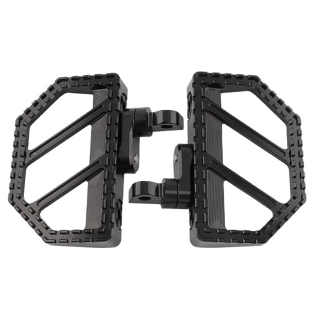 Pair of black motorcycle foot pegs with textured plates and mounting brackets