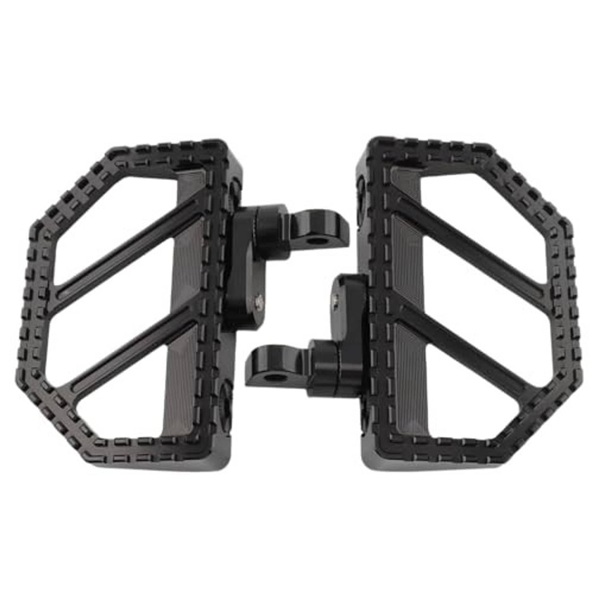Pair of black motorcycle foot pegs with textured plates and mounting brackets