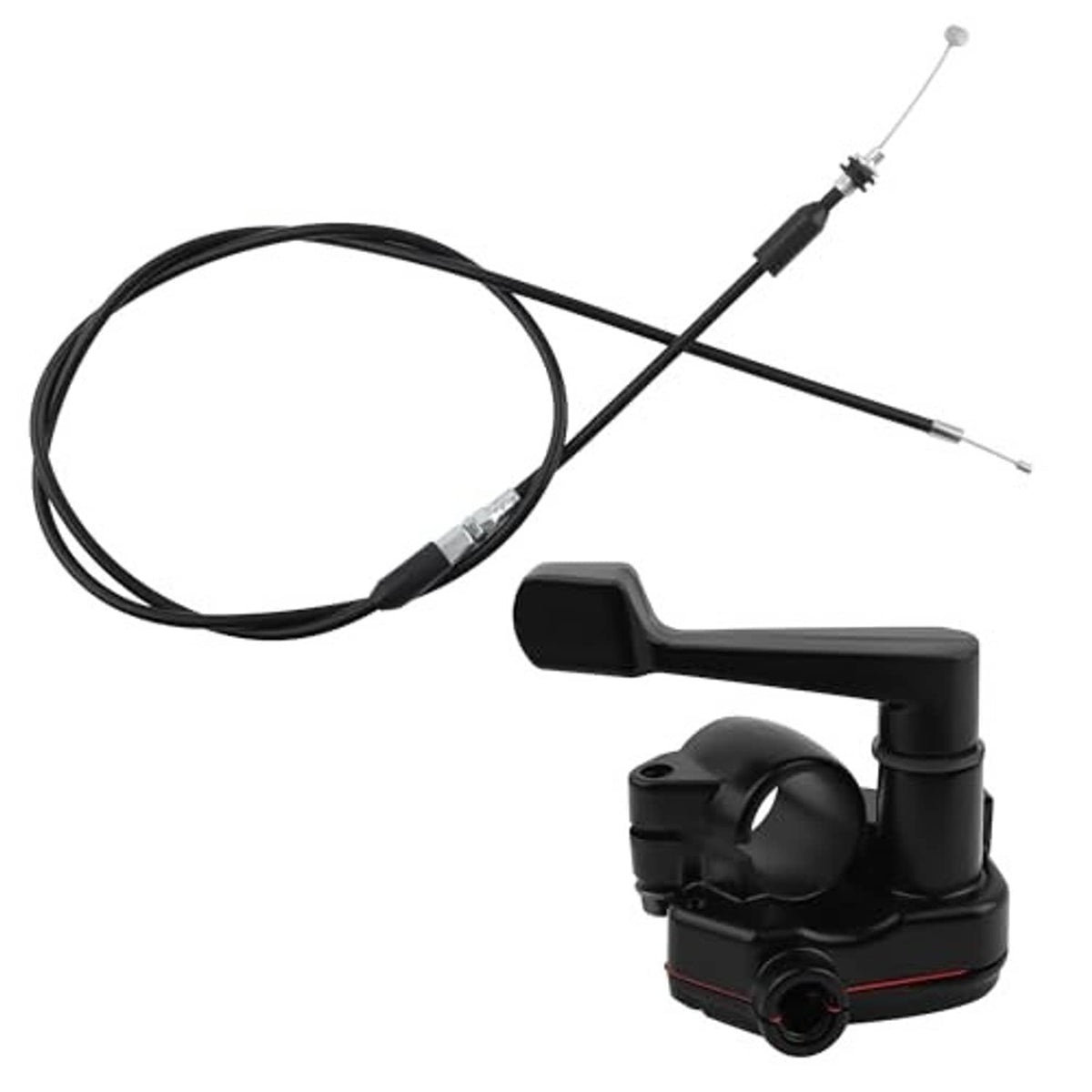 Black thumb throttle controller with attached throttle cable and two cable ends