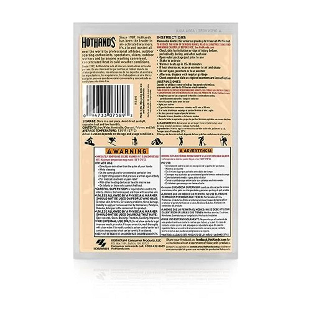 HotHands Super Warmer hand warmer pack back label with instructions