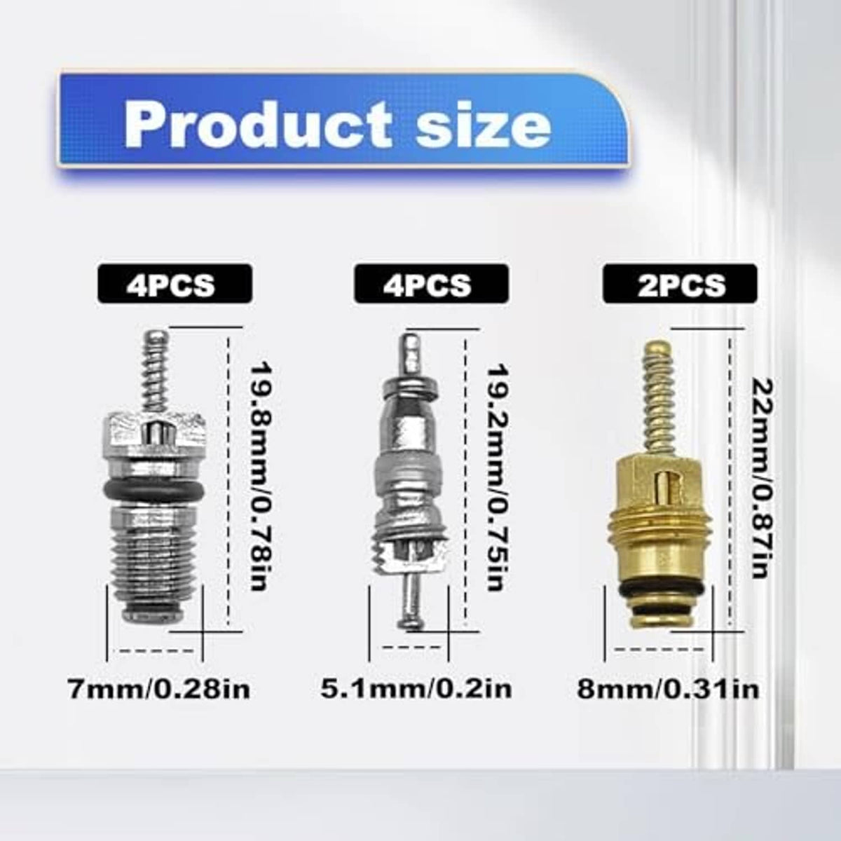 Valve core kit size chart showing 4pc and 2pc fitting dimensions in millimeters/inches