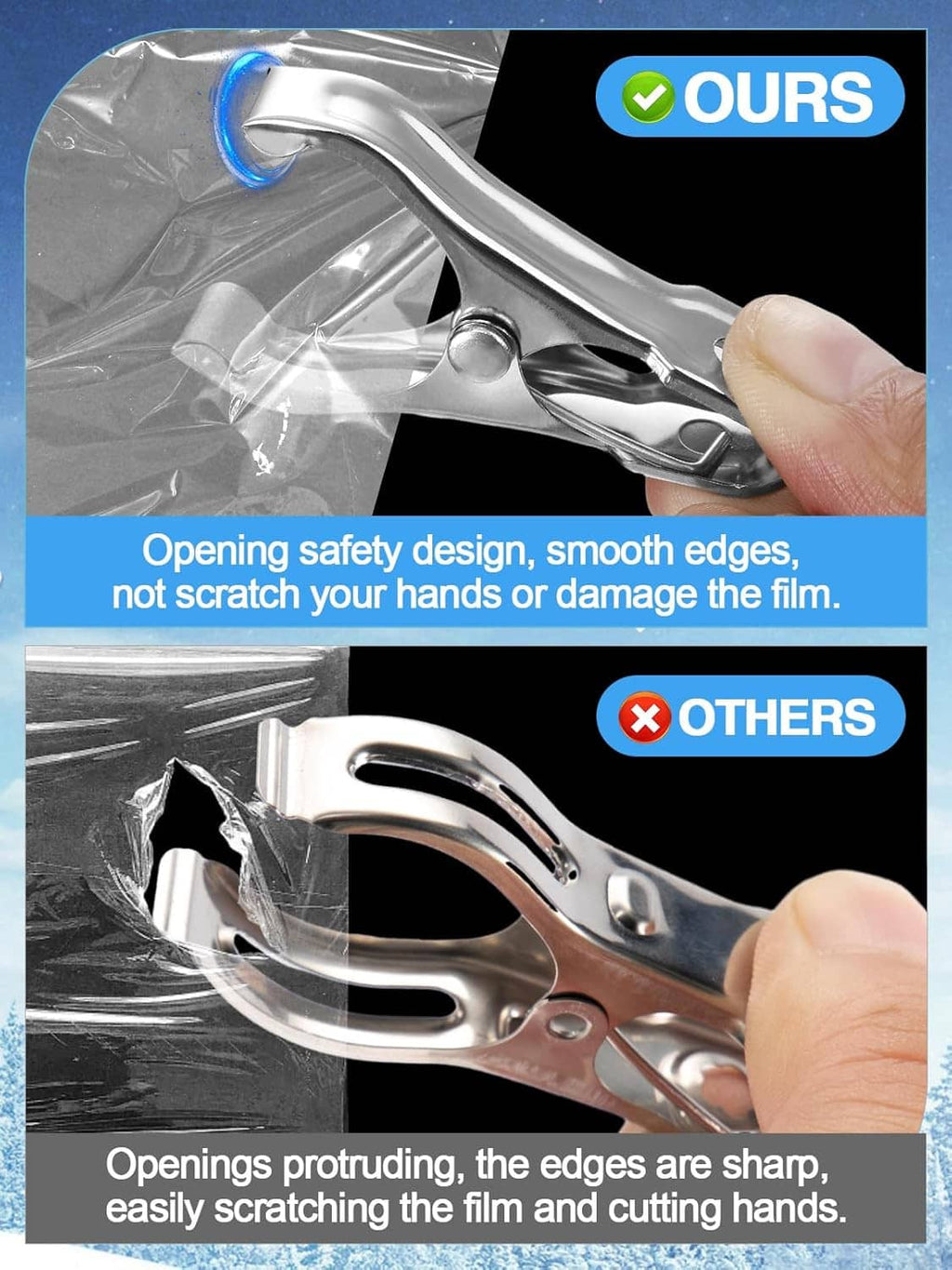 Stainless steel open clamp with rounded smooth edges and wide handles.