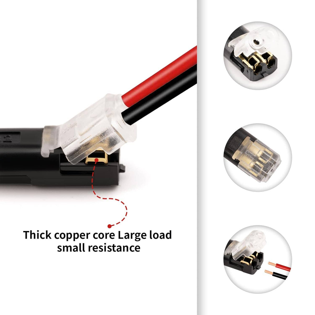 2-pin quick splice connector end with red wire and exposed copper inside clear cover