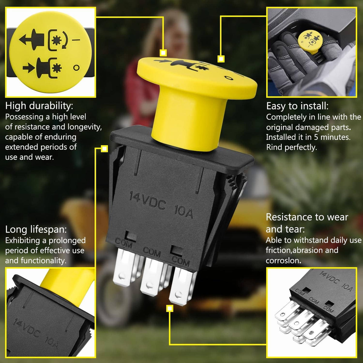 Yellow PTO switch with black body and metal pins, close-up side profile