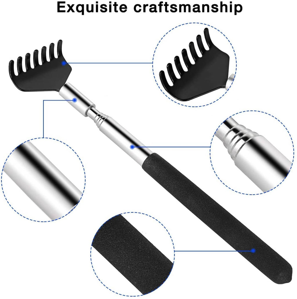 Close-up of telescoping back scratcher with stainless steel shaft and black comb head