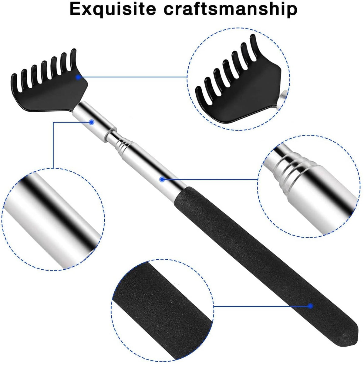 Close-up of telescoping back scratcher with stainless steel shaft and black comb head