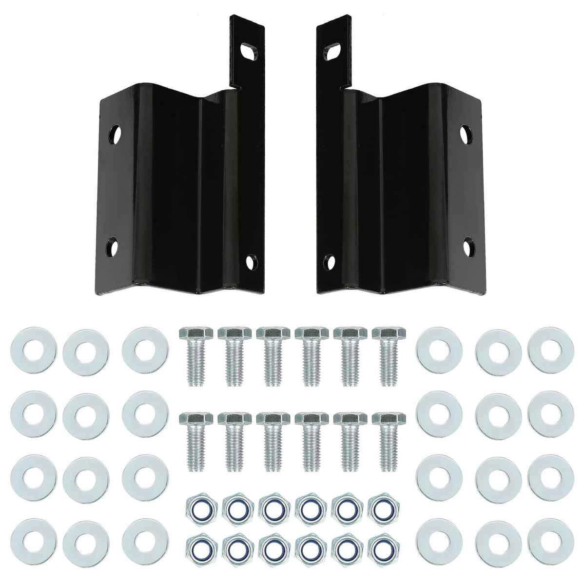 Mounting bracket set with screws, washers, and rings for storage basket box